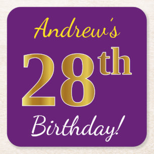 Posavasos Cuadrado De Papel Morado, Faux Gold 28th Birthday + Nombre personali