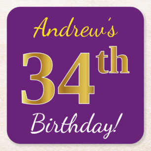 Posavasos Cuadrado De Papel Morado, Faux Gold 34th Birthday + Nombre personali