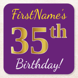 Posavasos Cuadrado De Papel Morado, Faux Gold 35th Birthday + Nombre personali