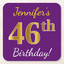 Posavasos Cuadrado De Papel Morado, Faux Gold 46th Birthday + Nombre personali