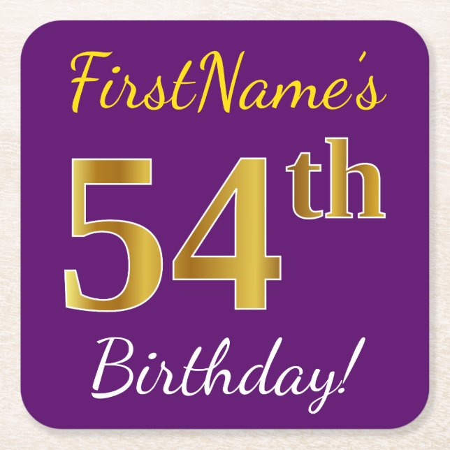 Posavasos Cuadrado De Papel Morado, Faux Gold 54th Birthday + Nombre personali (Anverso)