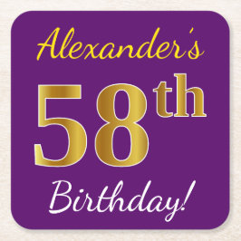 Posavasos Cuadrado De Papel Morado, Faux Gold 58th Birthday + Nombre personali