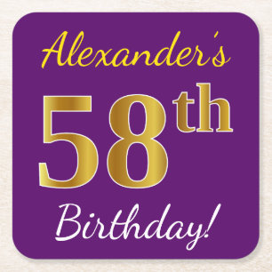Posavasos Cuadrado De Papel Morado, Faux Gold 58th Birthday + Nombre personali