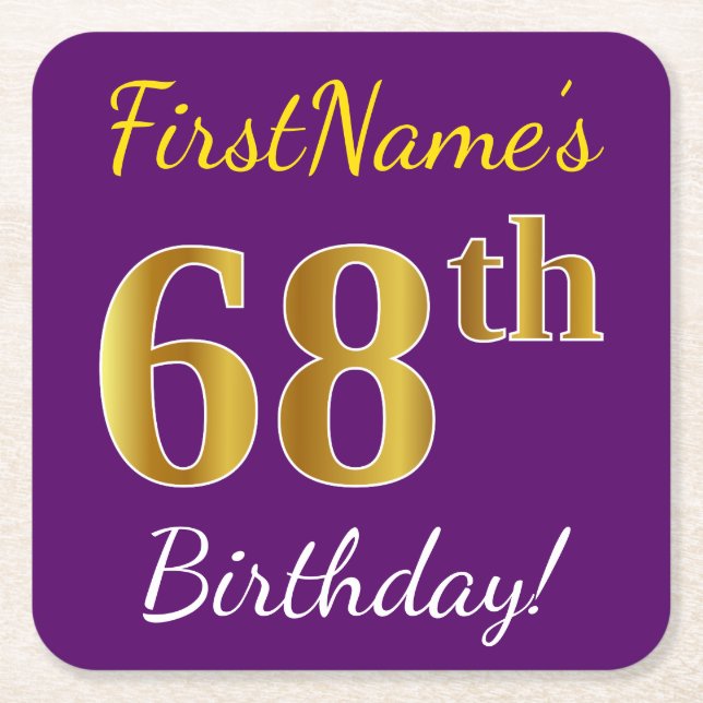 Posavasos Cuadrado De Papel Morado, Faux Gold 68th Birthday + Nombre personali (Anverso)