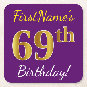 Posavasos Cuadrado De Papel Morado, Faux Gold 69th Birthday + Nombre personali