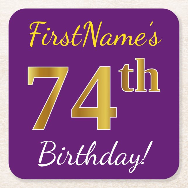 Posavasos Cuadrado De Papel Morado, Faux Gold 74th Birthday + Nombre personali (Anverso)