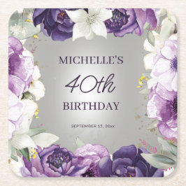 Posavasos Cuadrado De Papel Morado Floral Blanca 40 cumpleaños