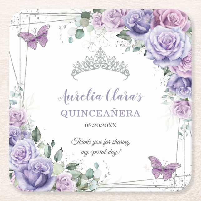Posavasos Cuadrado De Papel Morado Lilac Floral Butterflies Quinceanera (Anverso)