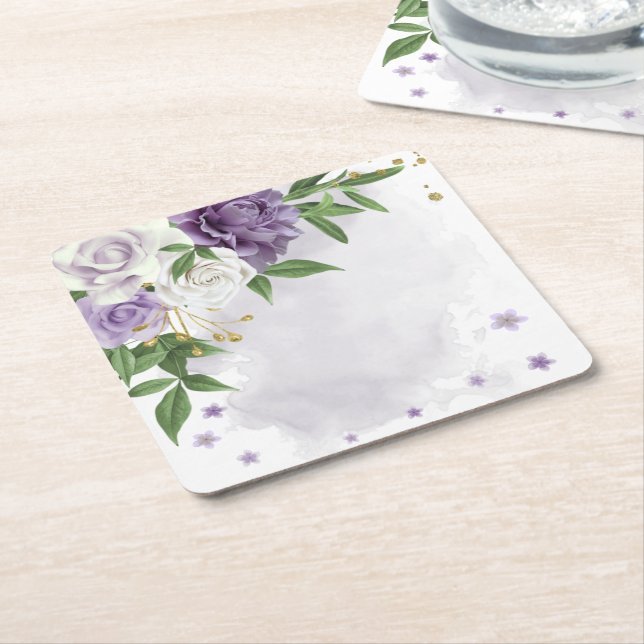 Posavasos Cuadrado De Papel morado malva blanca floral (En perspectiva)