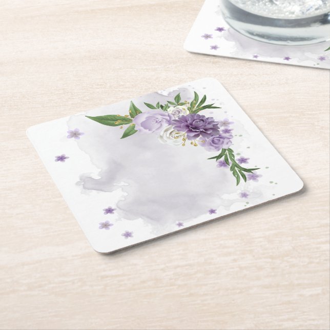 Posavasos Cuadrado De Papel morado malva blanca floral (En perspectiva)