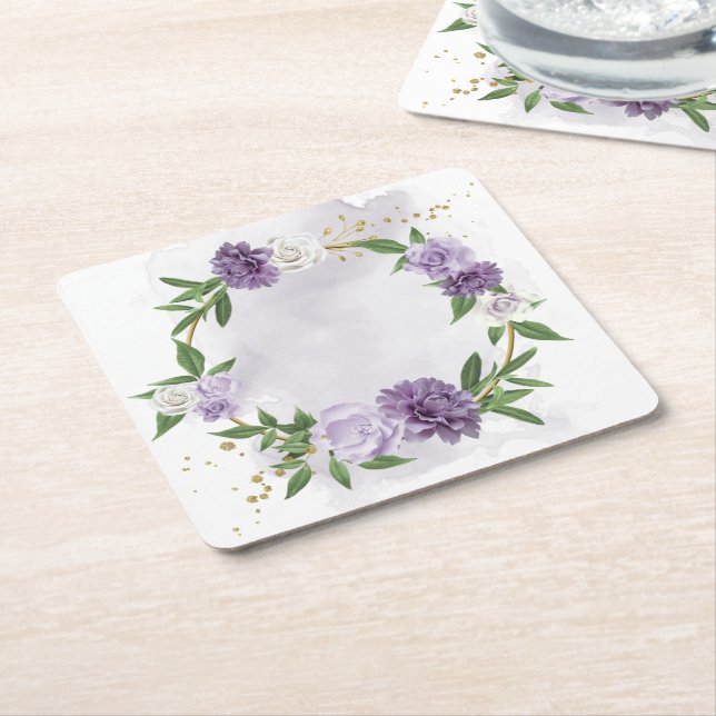 Posavasos Cuadrado De Papel morado malva blanca floral (En perspectiva)