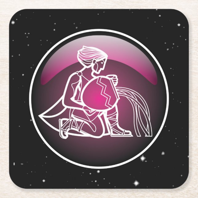 Posavasos Cuadrado De Papel Morado Zodiaco Aquarius (Anverso)