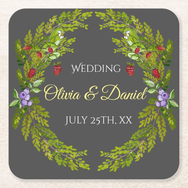 Posavasos Cuadrado De Papel Moras de la selva acuática boda wreath (Anverso)