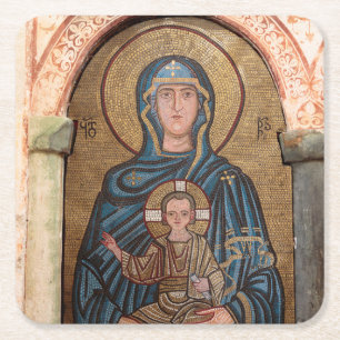 Posavasos Cuadrado De Papel Mosaico de la Virgen María y Jesús