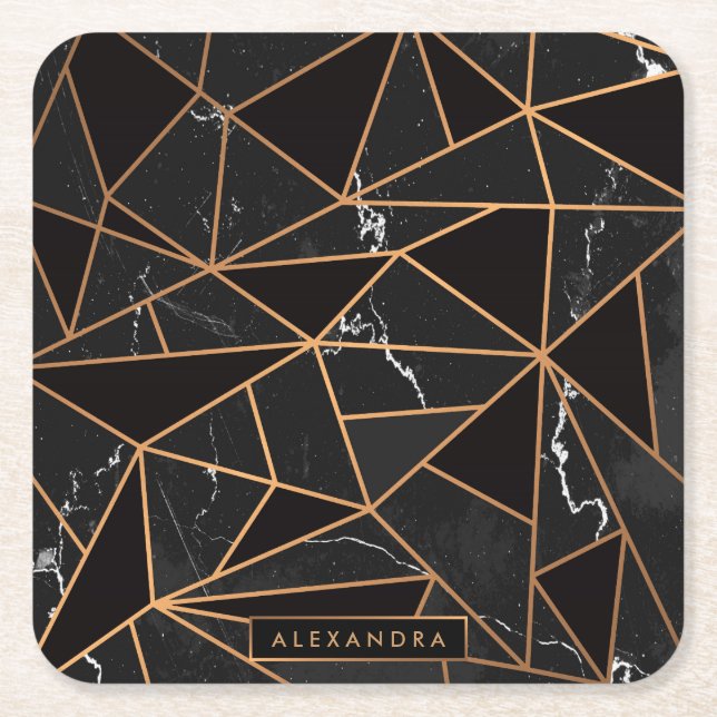 Posavasos Cuadrado De Papel Mosaico de mármol negro y dorado (Anverso)