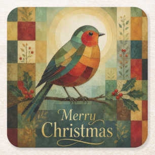 Posavasos Cuadrado De Papel Mosaico de Navidad Robin Pájaro Acebo Baya
