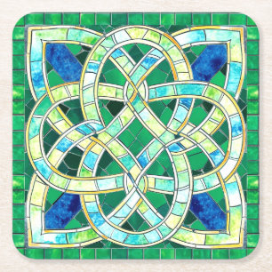 Posavasos Cuadrado De Papel Mosaico de piedra de nudo celta verde