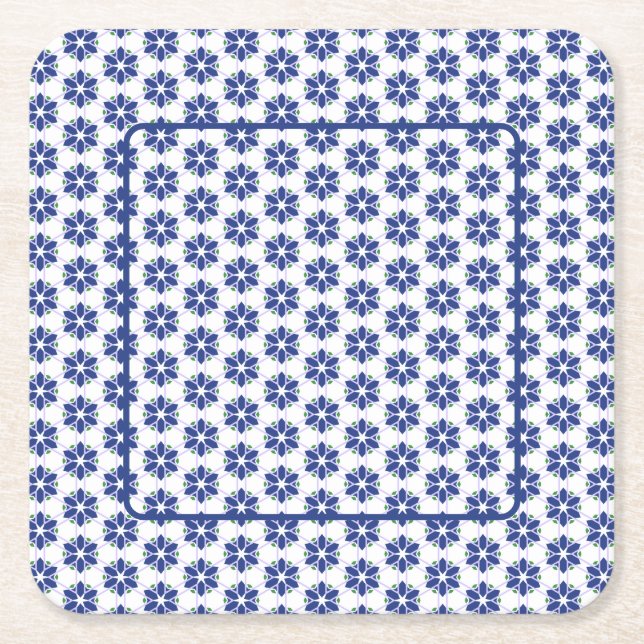 Posavasos Cuadrado De Papel Mosaico floral azul de la marina (Anverso)