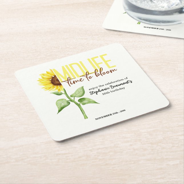 Posavasos Cuadrado De Papel Motivational Midlife Sunflower Bloom 50th Birthday (En perspectiva)