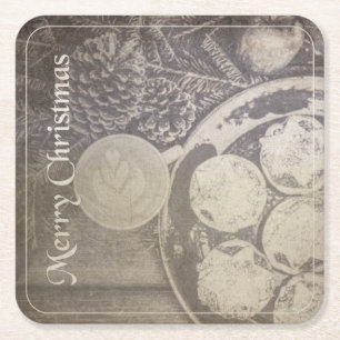 Posavasos Cuadrado De Papel Motivo Navideño Vintage con Galletas y Café