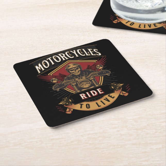 Posavasos Cuadrado De Papel Motocicletas Skull Ride Para Vivir (En perspectiva)