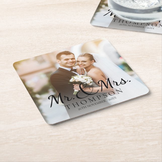 Posavasos Cuadrado De Papel MR y MRS. Elegant Cute Photo Wedding Party (En perspectiva)