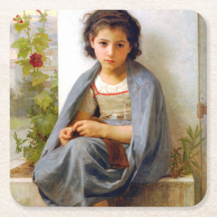 Posavasos Cuadrado De Papel Muchacha tejiendo, Bouguereau