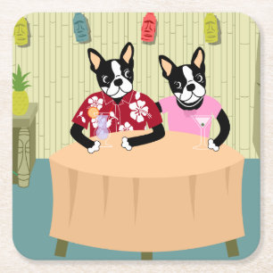 Posavasos Cuadrado De Papel Muchacho y chica de Boston Terrier