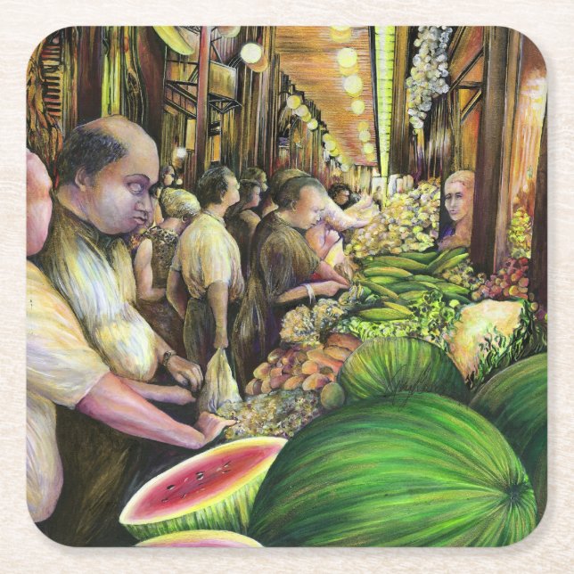 Posavasos Cuadrado De Papel Muchos hombres, muchos melones, Budapest (Anverso)