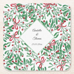 Posavasos Cuadrado De Papel Muérdago rústico de Navidad acuarela pintado a man