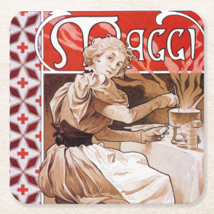 Posavasos Cuadrado De Papel Mujer cocinando, Alphonse Mucha