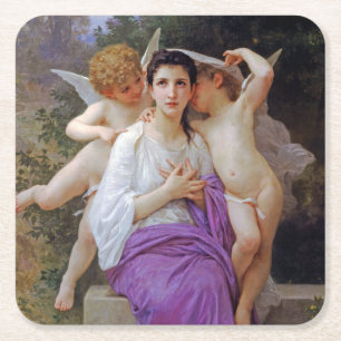 Posavasos Cuadrado De Papel Mujer con Cupido, Bouguereau