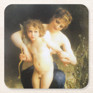 Posavasos Cuadrado De Papel Mujer con Cupido, Bouguereau