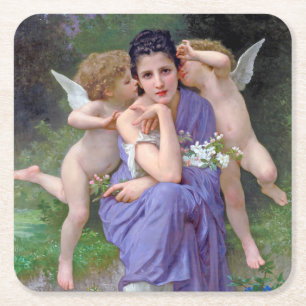 Posavasos Cuadrado De Papel Mujer con Cupido, Bouguereau