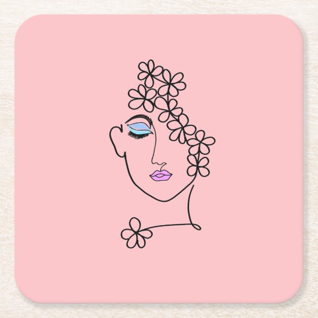 Posavasos Cuadrado De Papel Mujer Con Flores Línea De Arte Rosa (Anverso)