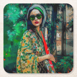 Posavasos Cuadrado De Papel Mujer con gafas de sol verdes
