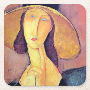 Posavasos Cuadrado De Papel Mujer con gran Gorra, Modigliani