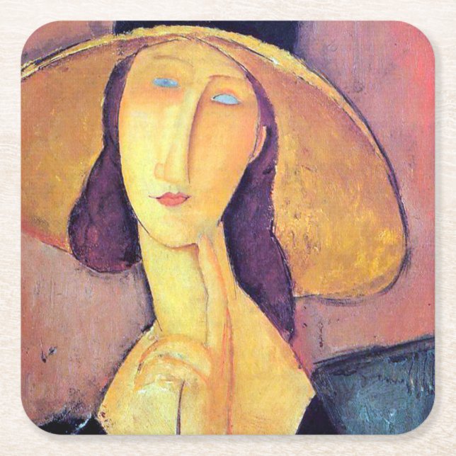 Posavasos Cuadrado De Papel Mujer con gran Gorra, Modigliani (Anverso)