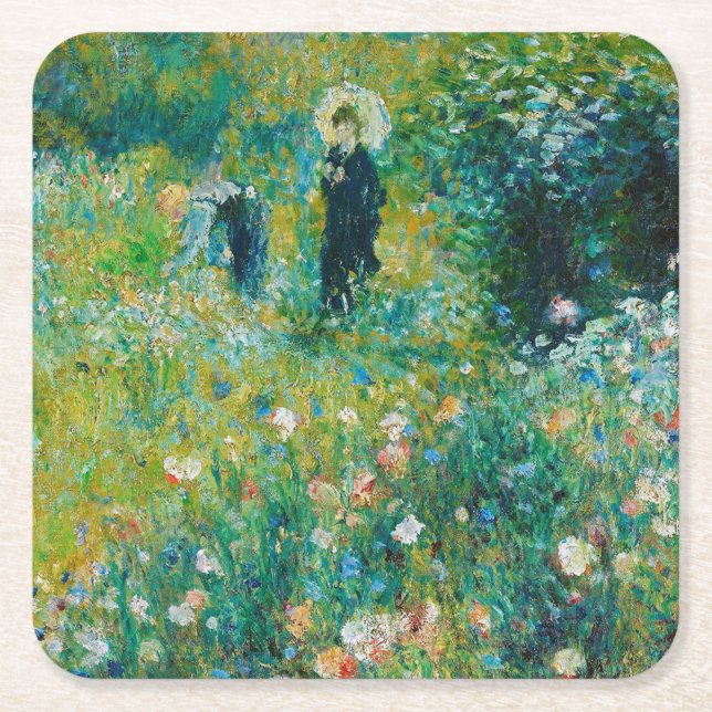 Posavasos Cuadrado De Papel Mujer con Parasol, Jardín, Renoir (Anverso)