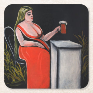 Posavasos Cuadrado De Papel Mujer curvada con una taza de cerveza