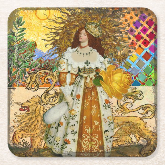 Posavasos Cuadrado De Papel Mujer de la Vintage Sol Dorado: Arte Collage Leo Z (Anverso)