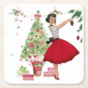 Posavasos Cuadrado De Papel Mujer de Navidad de 1950 con árbol de Navidad