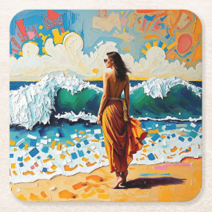 Posavasos Cuadrado De Papel Mujer en arte abstracto de costa en la playa