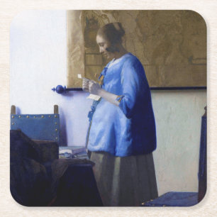 Posavasos Cuadrado De Papel Mujer en azul, Johannes Vermeer
