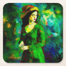 Posavasos Cuadrado De Papel Mujer en Gorra