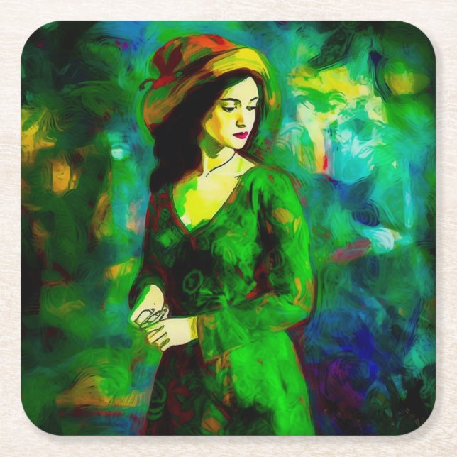 Posavasos Cuadrado De Papel Mujer en Gorra (Anverso)