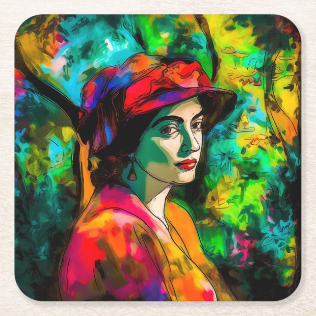 Posavasos Cuadrado De Papel Mujer en Gorra rojo (Anverso)