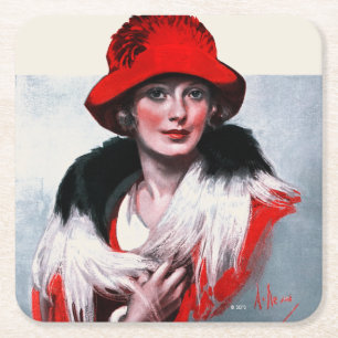 Posavasos Cuadrado De Papel Mujer en Gorra rojo