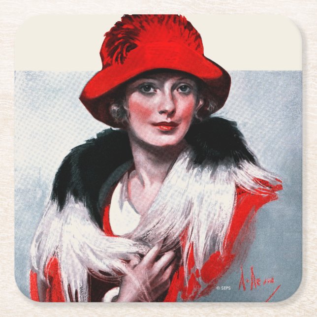 Posavasos Cuadrado De Papel Mujer en Gorra rojo (Anverso)