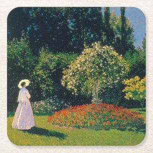 Posavasos Cuadrado De Papel Mujer en un jardín, Monet